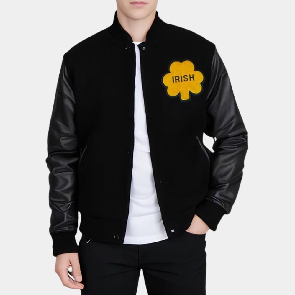 Notre Dame  Irish Black Wool With Leather Sleeves Varsity Jacket - Front View