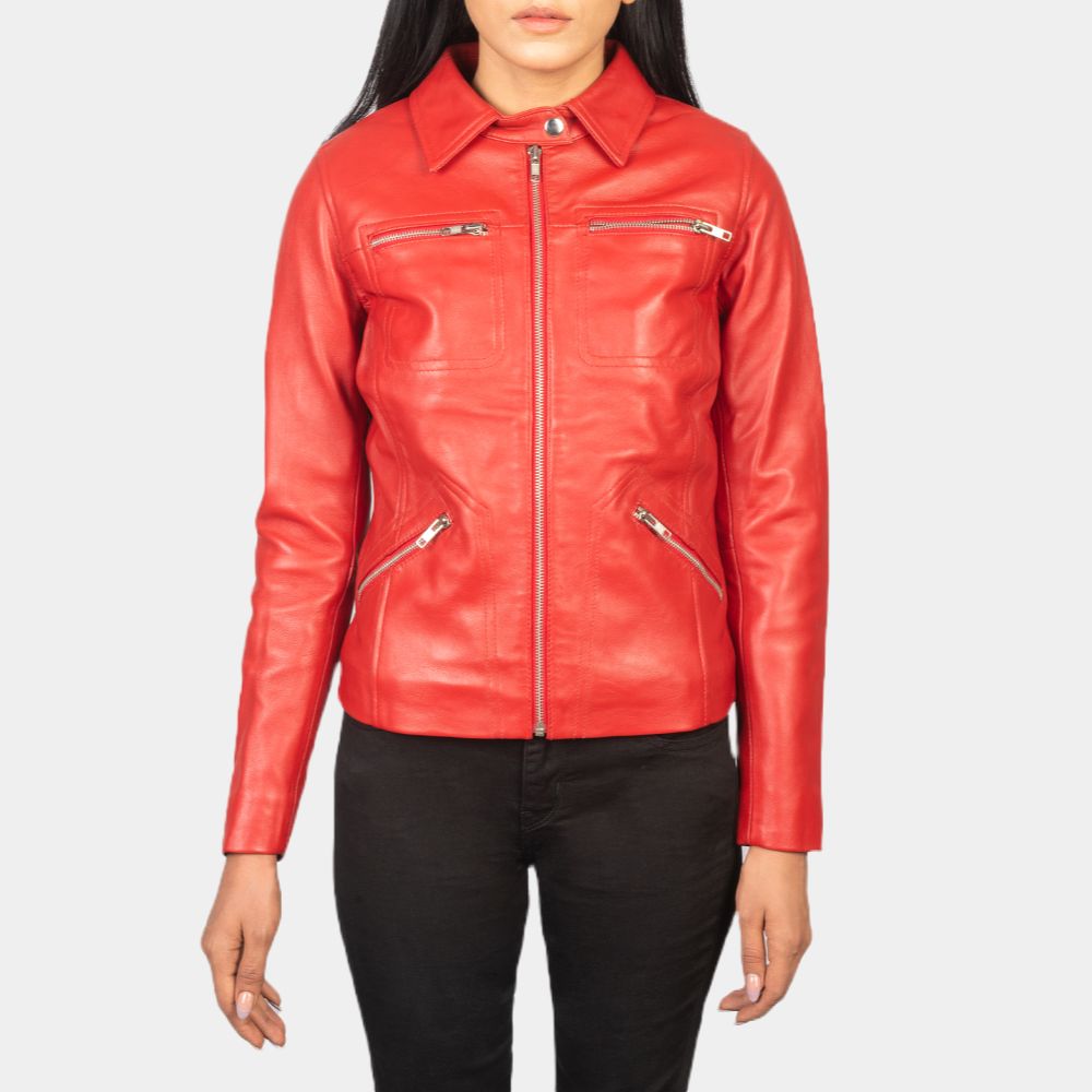 Once Upon A Time Emma Swan Red Leather Biker Jacket - Front Posture View