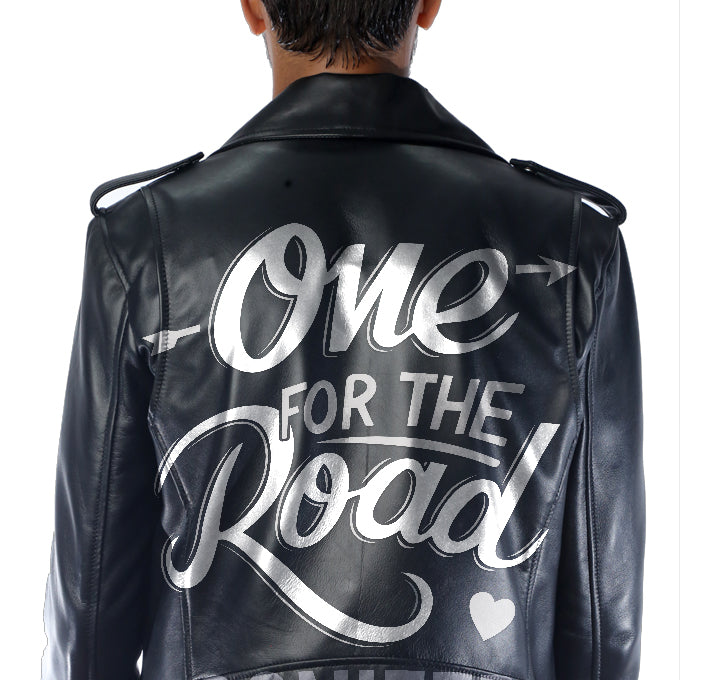 One For The Road Alex Turner Printed Leather Biker Jacket - Back Close - Up View