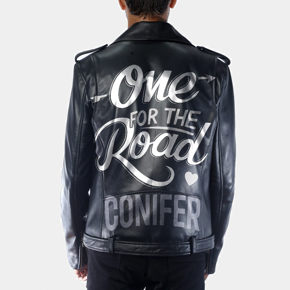 One For The Road Alex Turner Printed Leather Biker Jacket - Back View