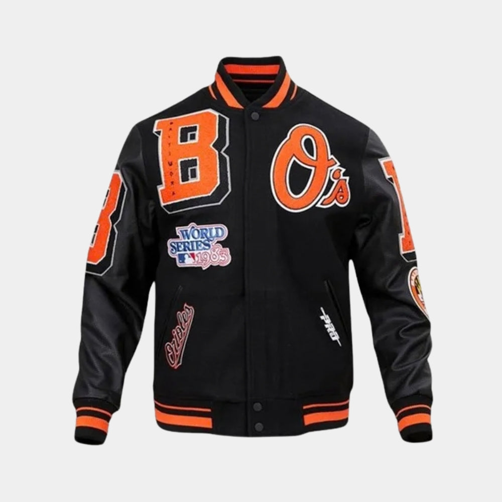 Orioles Mashup  Baltimore Black Varsity Jacket - Mannequin Front View