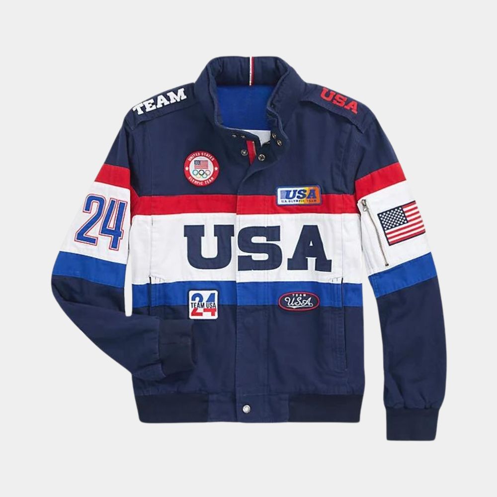 Paris Olympics 2024 Team USA Closing Ceremony White & Blue Jacket - Mannequin Front View