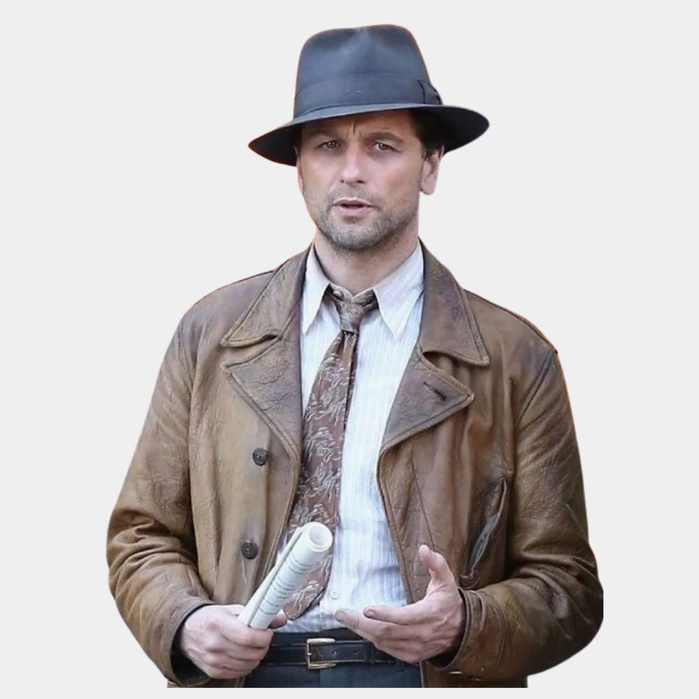 Perry Mason  Matthew Rhys Tan Leather Coat - Front View