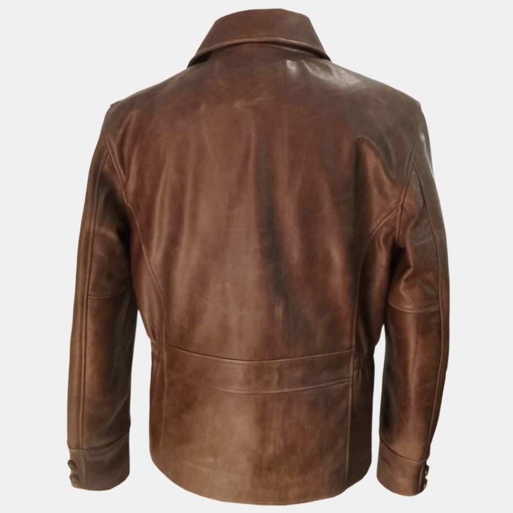 Perry Mason  Matthew Rhys Tan Leather Coat - Mannequin Back View