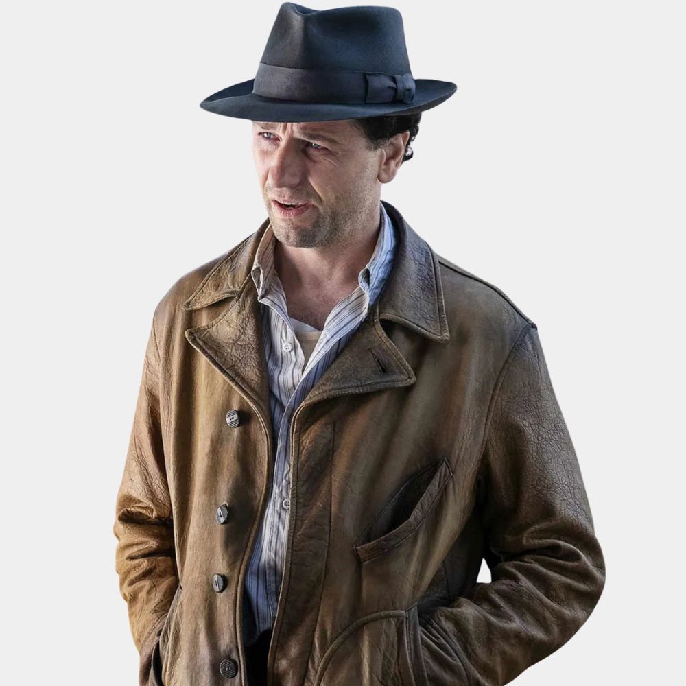 Perry Mason  Matthew Rhys Tan Leather Coat - Posture Front View
