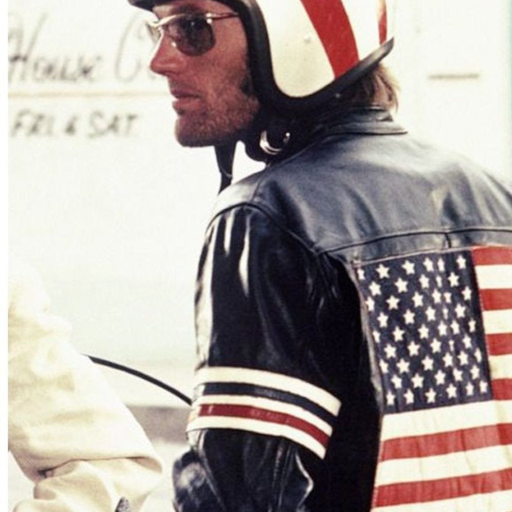 Peter Fonda Easy Rider Black Leather Biker Jacket with US Flag - Character Back View