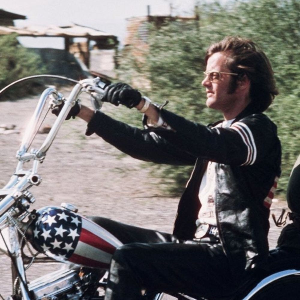 Peter Fonda Easy Rider Black Leather Biker Jacket with US Flag - Character Side View