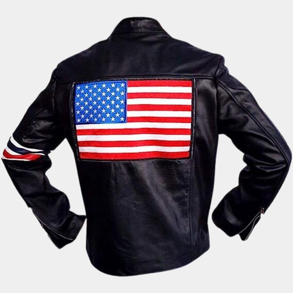 Peter Fonda Easy Rider Black Leather Biker Jacket with US Flag - Mannequin Back View