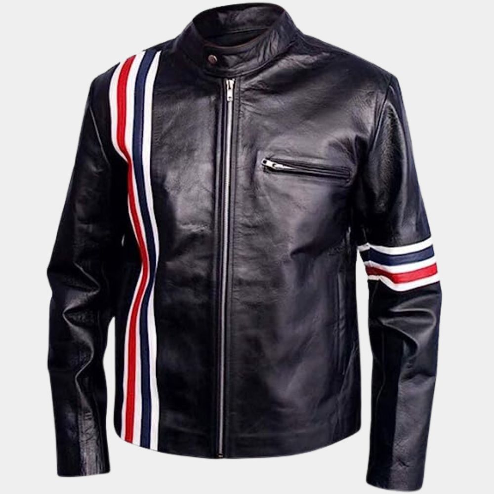 Peter Fonda Easy Rider Black Leather Biker Jacket with US Flag - Mannequin Front View