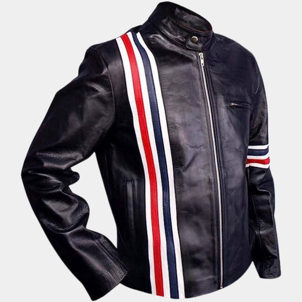 Peter Fonda Easy Rider Black Leather Biker Jacket with US Flag - Mannequin Side View