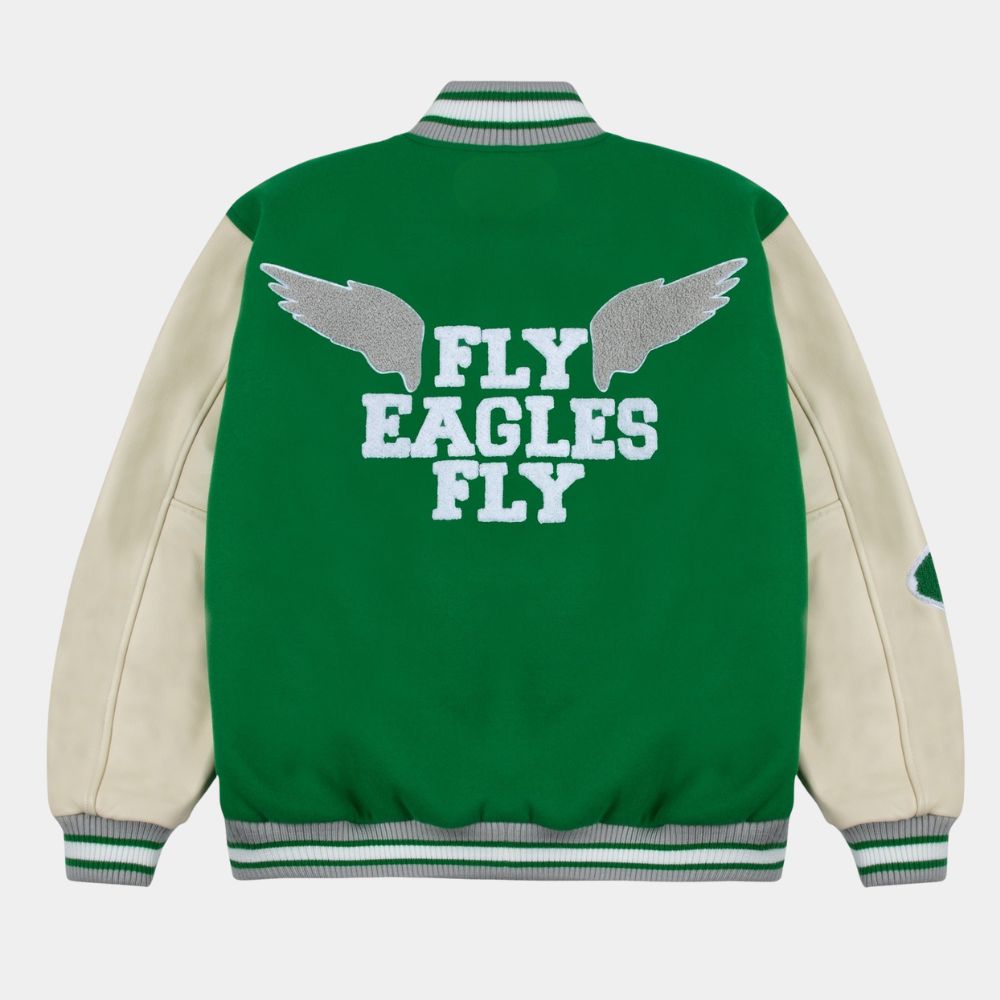 Philadelphia Eagles  Green And White Throwback Jacket with Leather Sleeves - Mannequin Back View