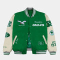 Philadelphia Eagles  Green And White Throwback Jacket with Leather Sleeves - Mannequin Front View