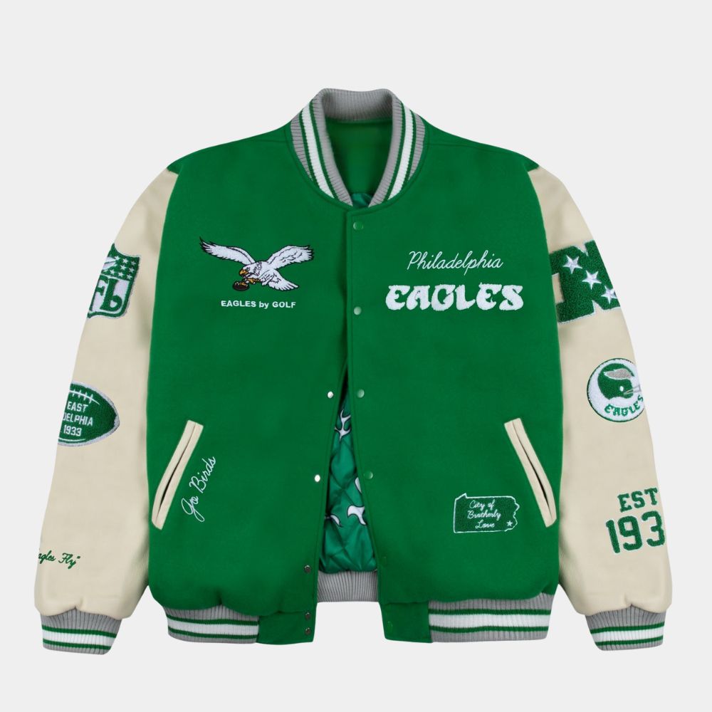 Philadelphia Eagles  Green And White Throwback Jacket with Leather Sleeves - Mannequin Front View