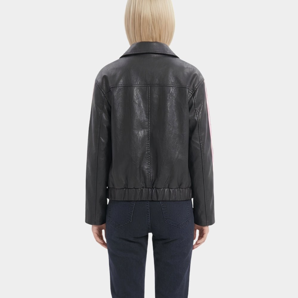 Pink Ribbons Black Leather Jacket
