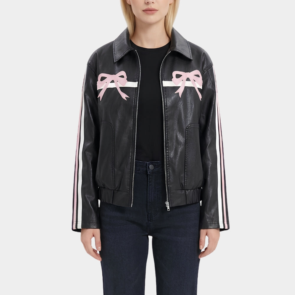 Pink Ribbons Black Leather Jacket