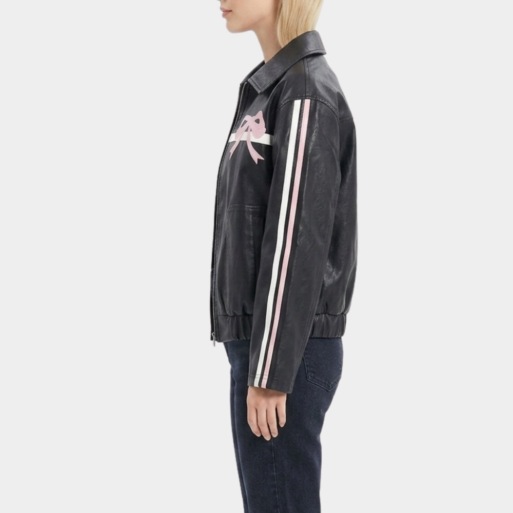 Pink Ribbons Black Leather Jacket