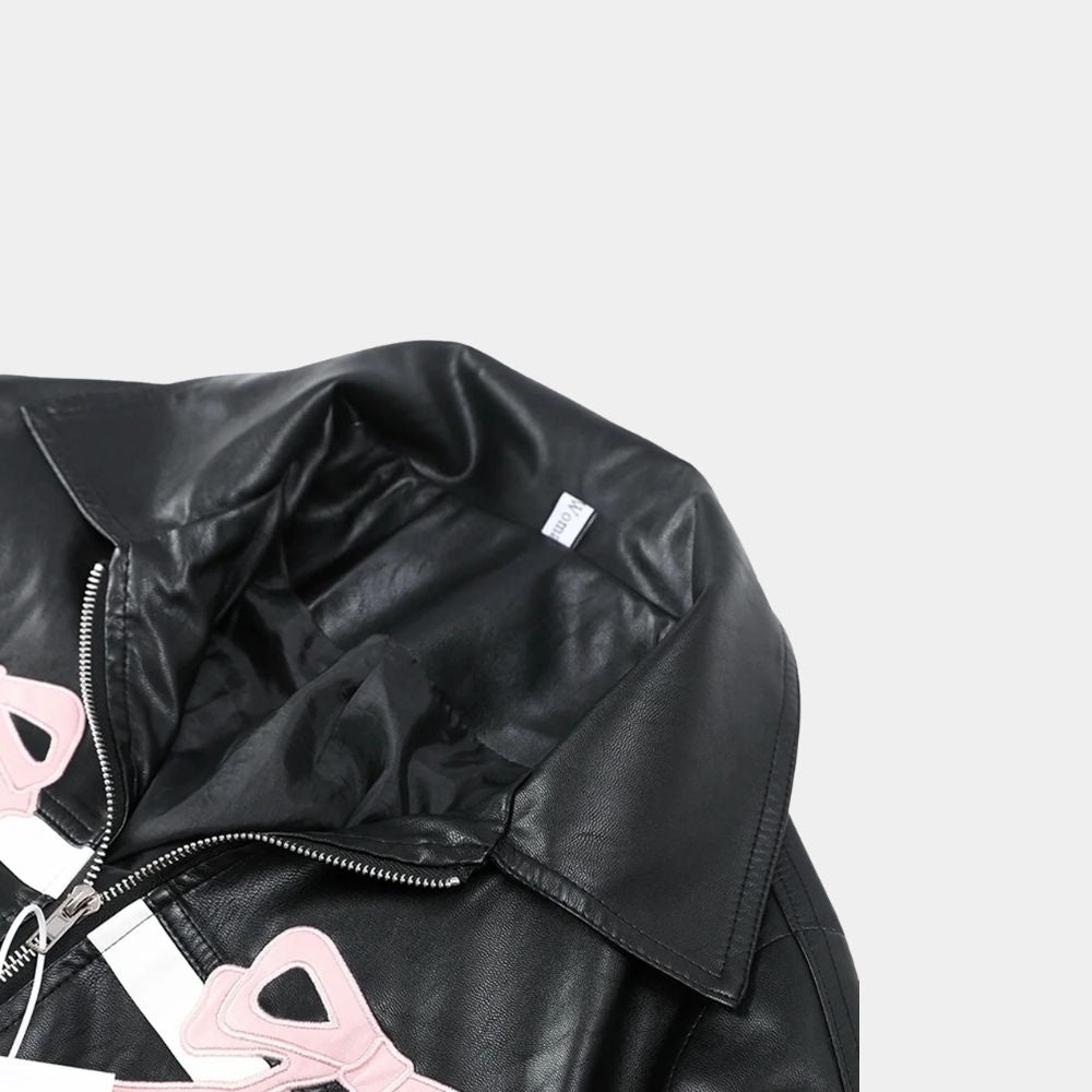 Pink Ribbons Women's Stripped Black Real Leather Jacket - Mannequin Front Collar View