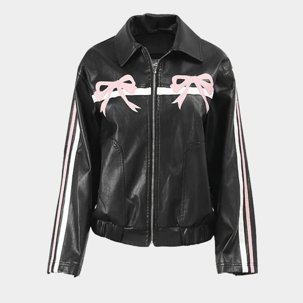 Pink Ribbons Women's Stripped Black Real Leather Jacket - Mannequin Front View