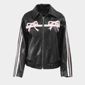 Pink Ribbons Women's Stripped Black Real Leather Jacket - Mannequin Front View