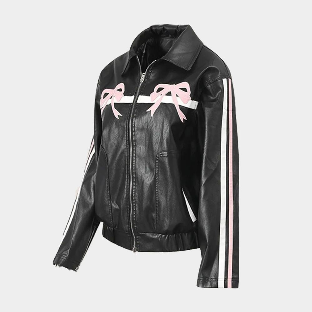 Pink Ribbons Women's Stripped Black Real Leather Jacket - Mannequin Side View