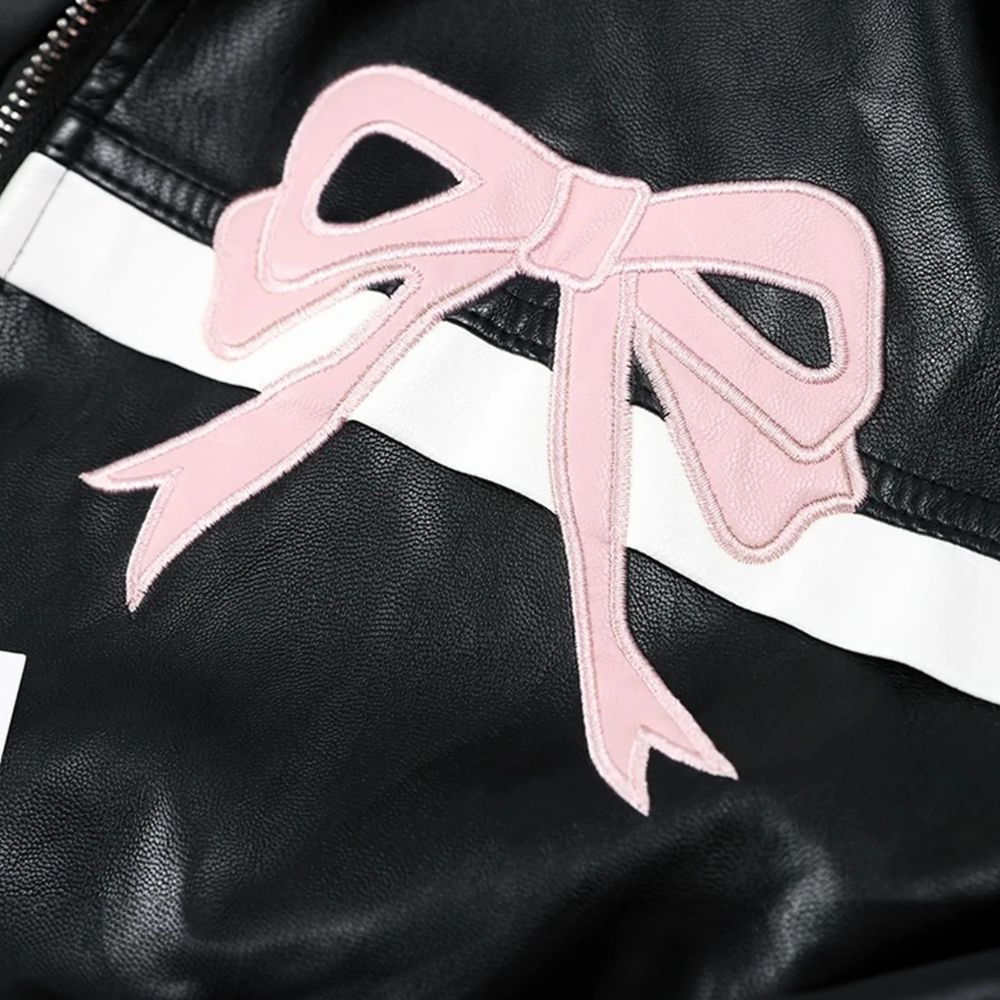 Pink Ribbons Women's Stripped Black Real Leather Jacket - Ribbon View