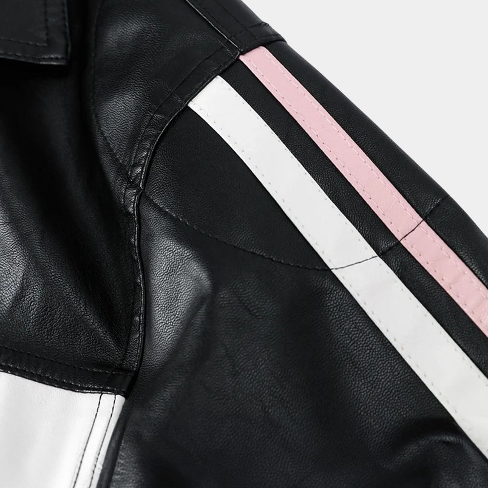 Pink Ribbons Women's Stripped Black Real Leather Jacket - Shoulder View
