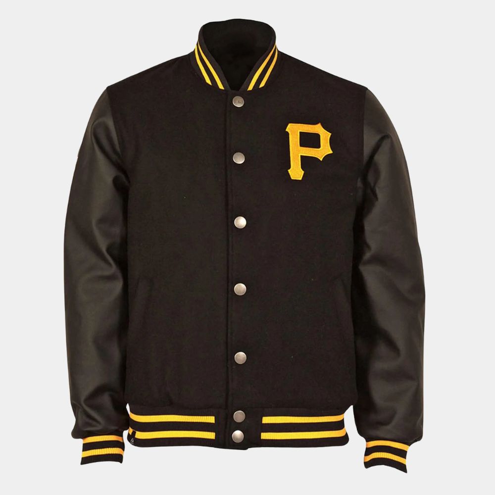 Pittsburgh  Pittsburgh pirates Varsity Jacket with Leather Sleeves - Mannequin Front View