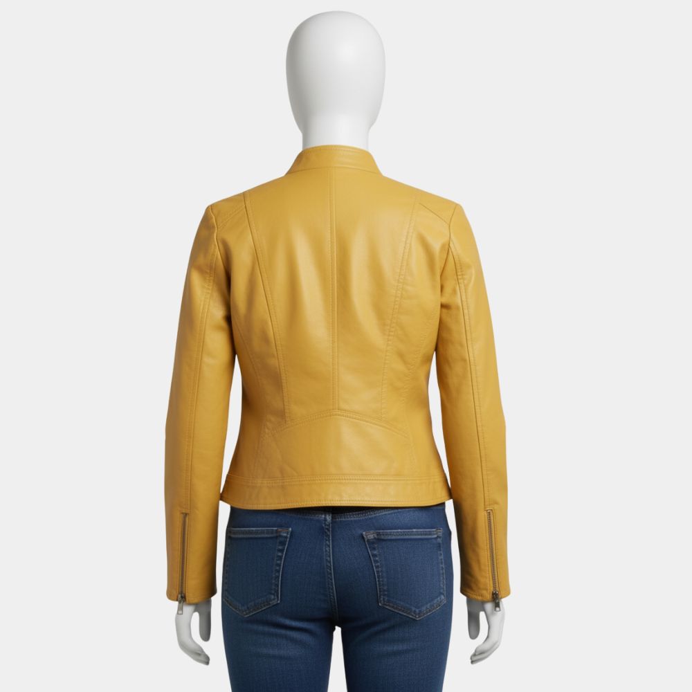 Pluribus Rhea Seehorn Yellow Leather Biker Jacket Back