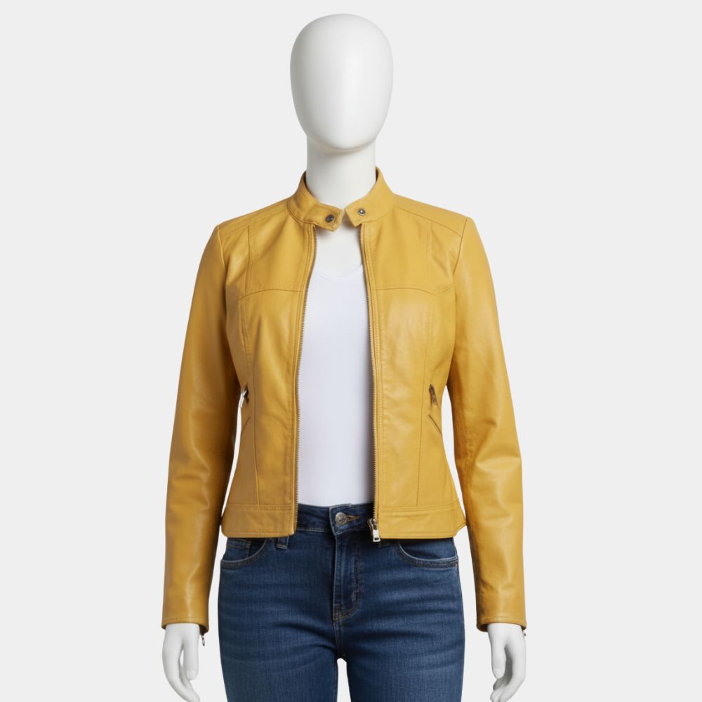 Pluribus Rhea Seehorn Yellow Leather Biker Jacket Front