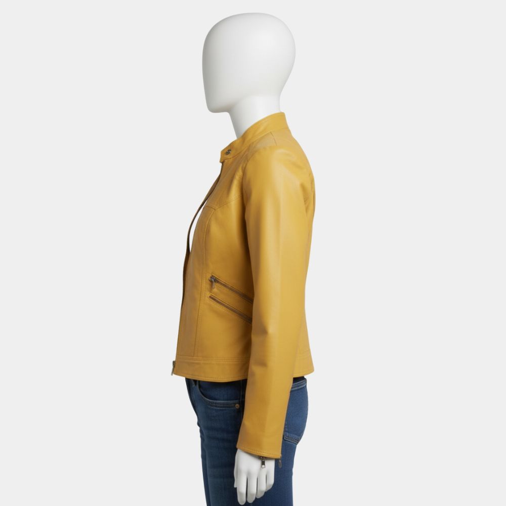 Pluribus Rhea Seehorn Yellow Spread Collar Yellow Leather Jacket - Side View