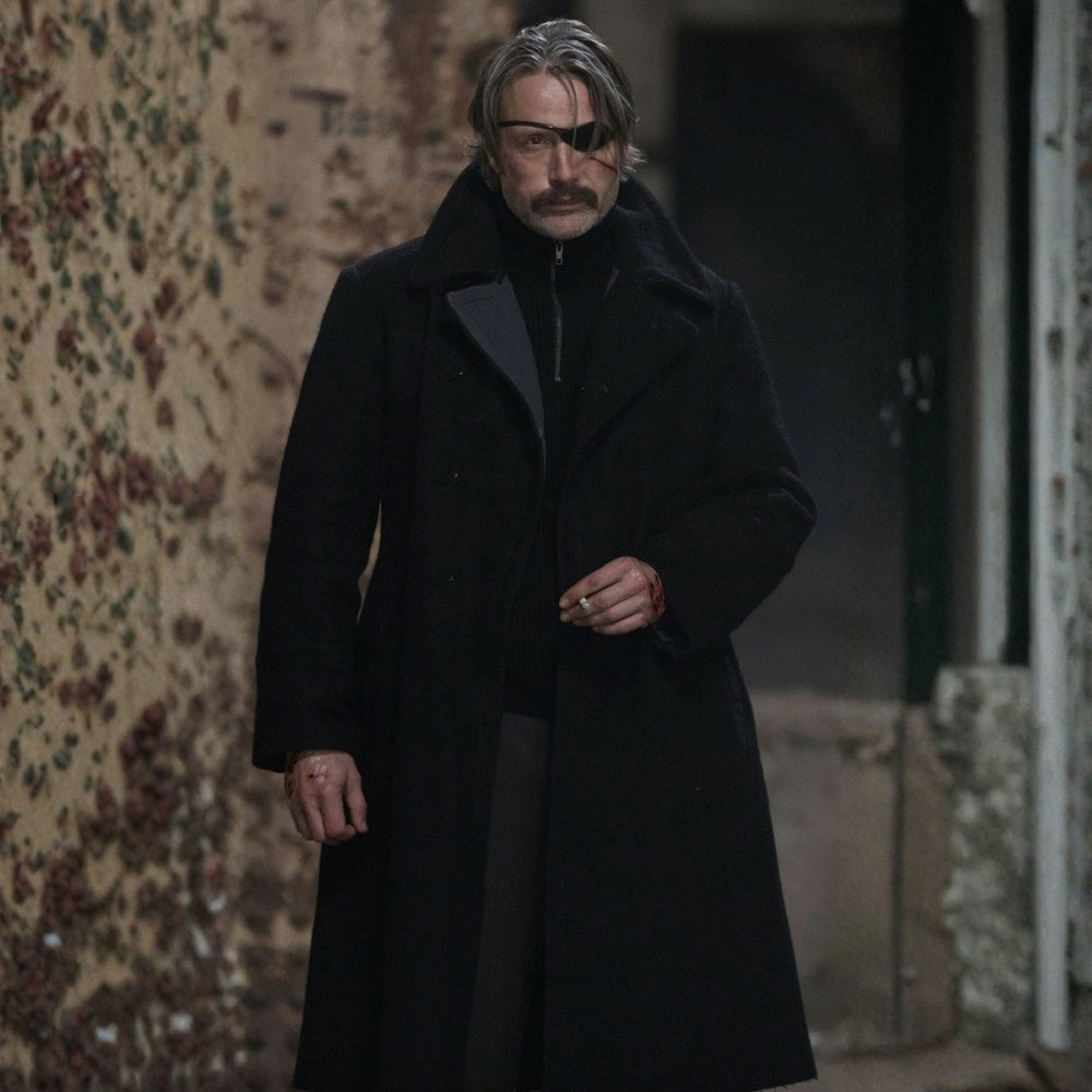Polar  Mads Mikkelsen aka Duncan Vizla Black Wool Long Coat - Front View
