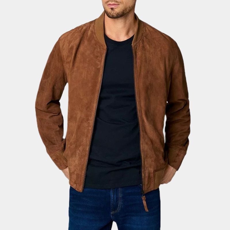 Pulp Fiction Bruce Willis aka Butch Coolidge Brown Suede Leather Bomber Jacket - Front View
