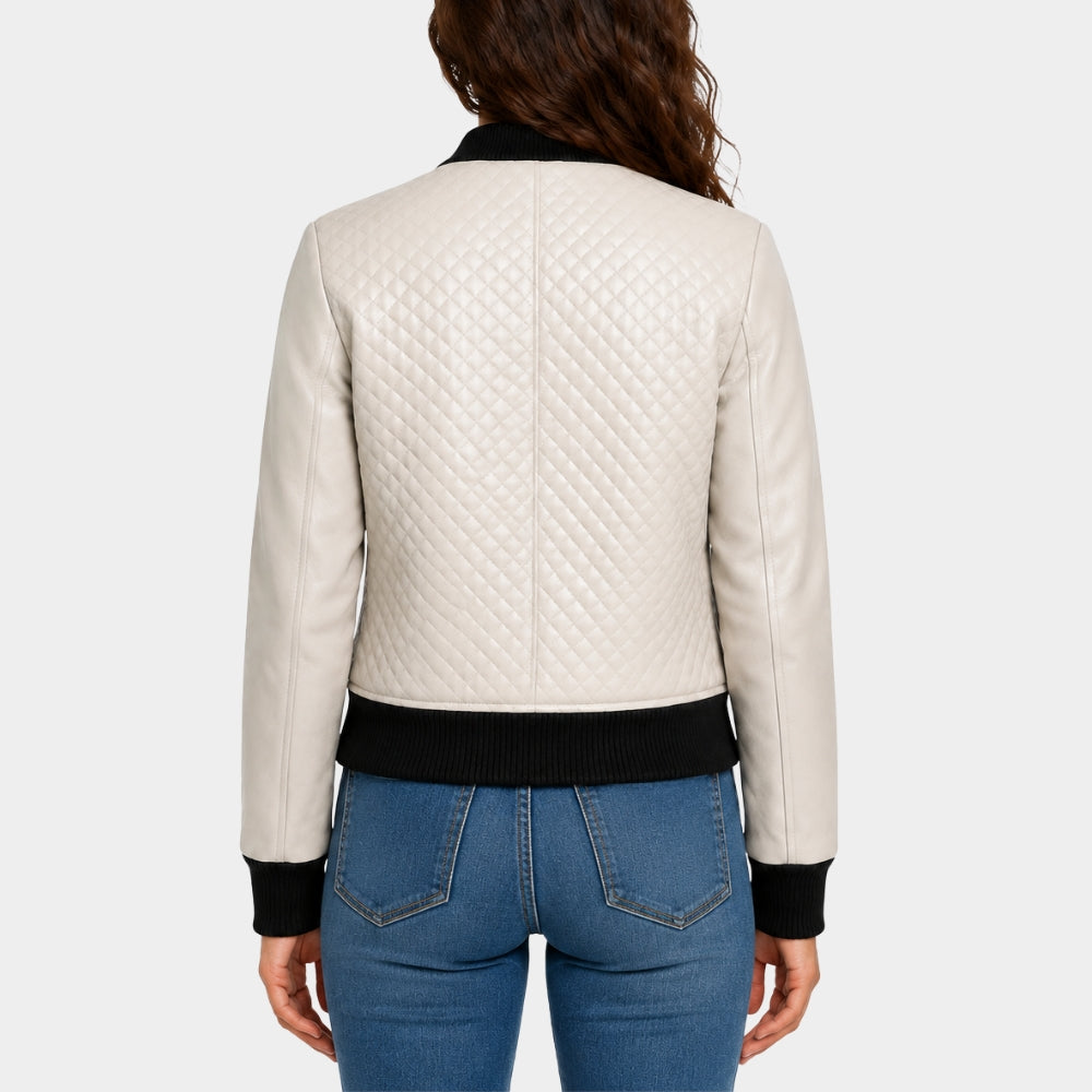 Quilted Pocket White Leather Jacket