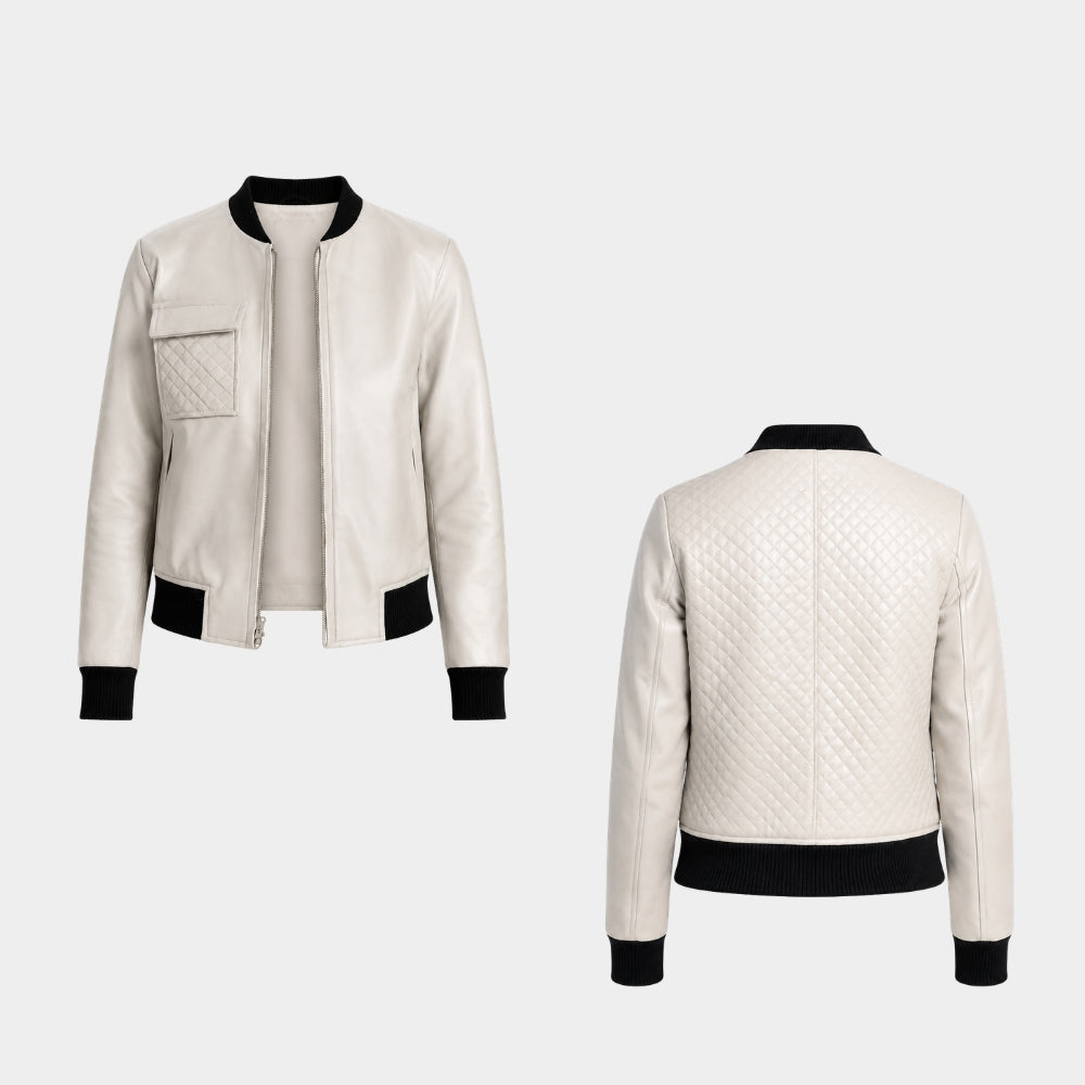 Quilted Pocket White Leather Jacket
