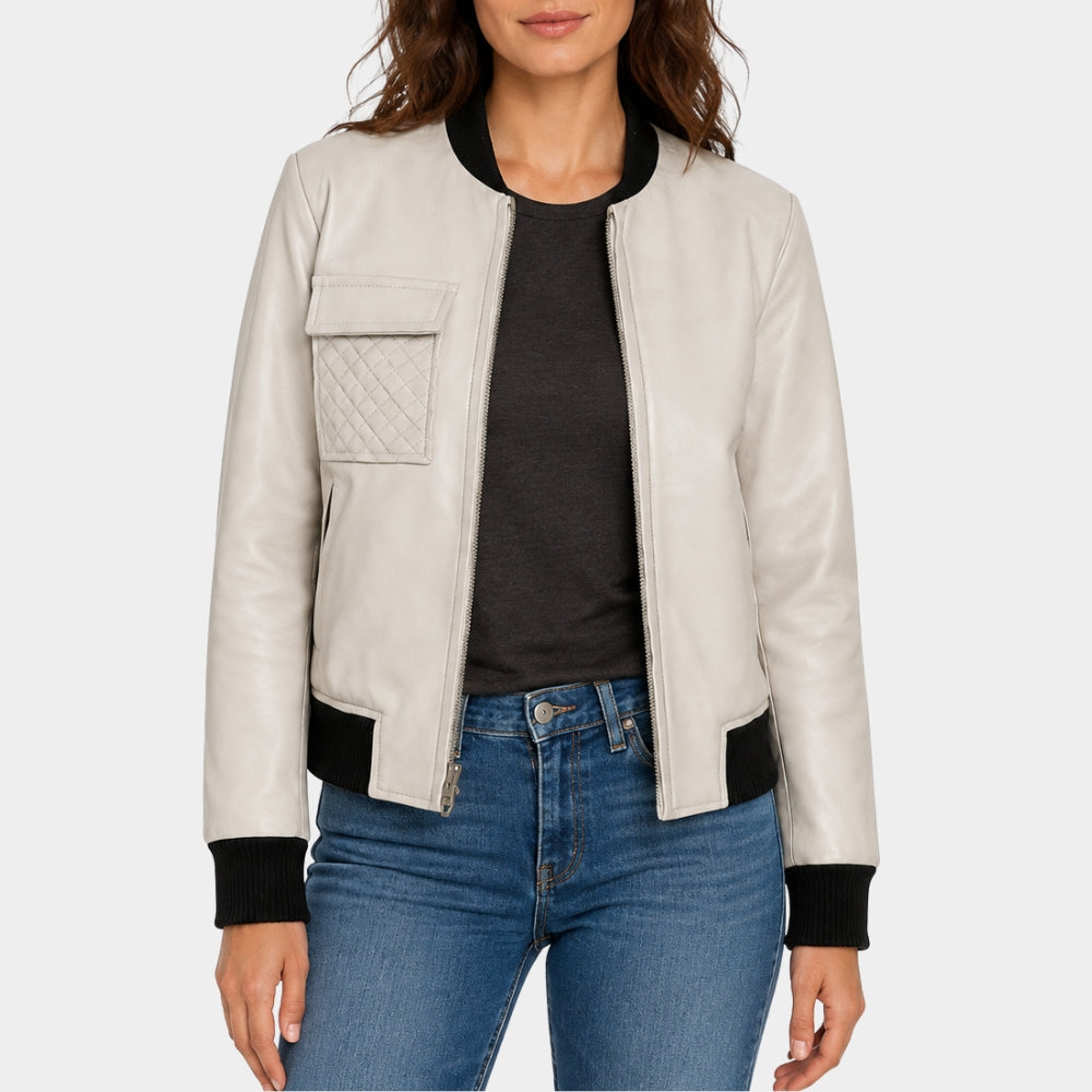 Quilted Pocket White Leather Jacket