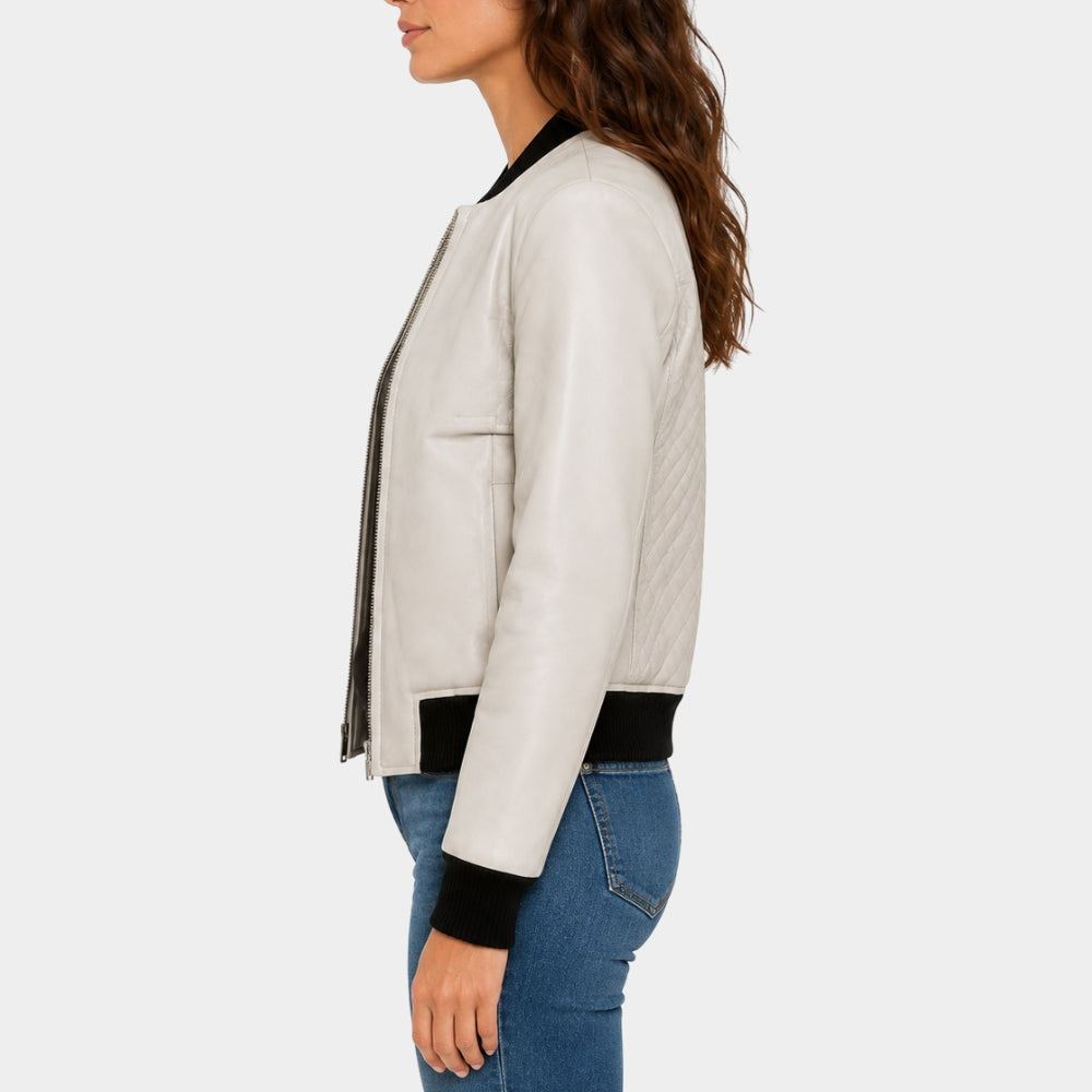 Quilted Pocket White Leather Jacket