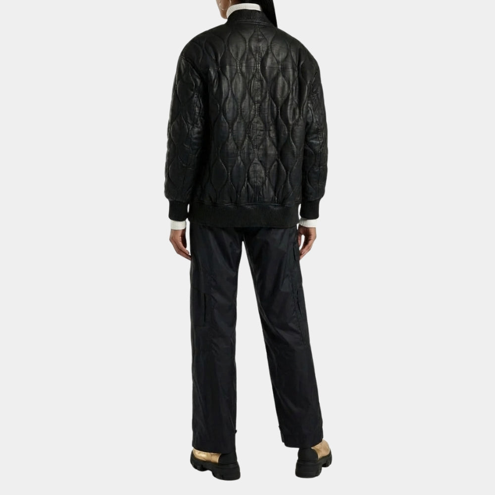 Rachel House  Sunny Nights S01 Mony Black Quilted Leather Bomber Jacket - Back View