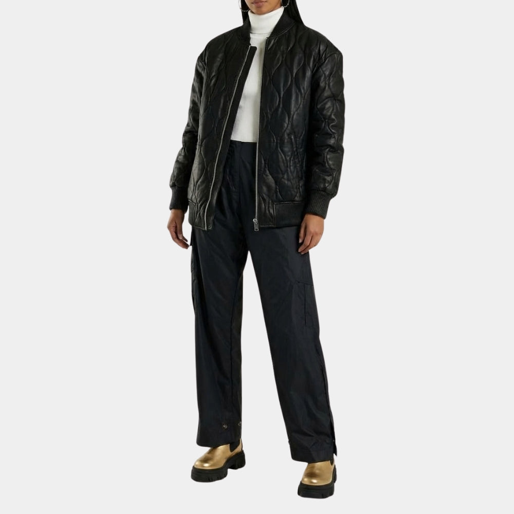 Rachel House  Sunny Nights S01 Mony Black Quilted Leather Bomber Jacket - Front View
