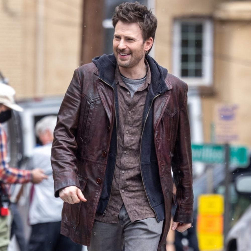 Red One Chris Evans Brown Leather Jacket - Character Front View