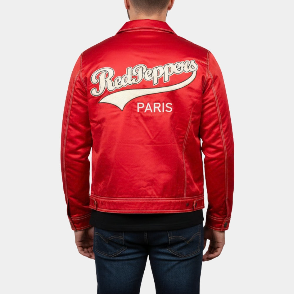 Red Peppers  Paris Red Satin Trucker Style Jacket - Back View