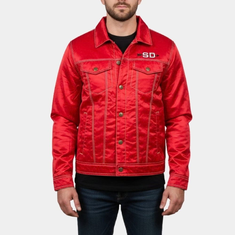 Red Peppers  Paris Red Satin Trucker Style Jacket - Front View