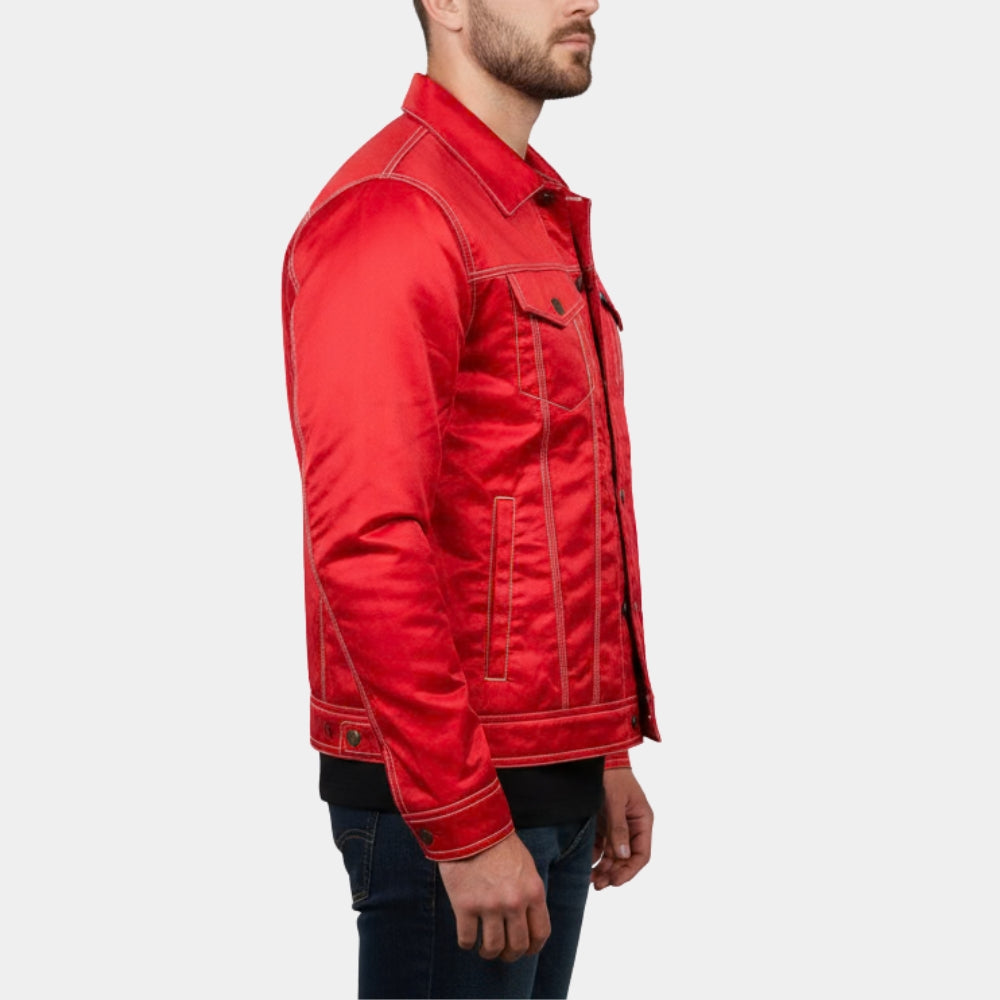 Red Peppers  Paris Red Satin Trucker Style Jacket - Side View