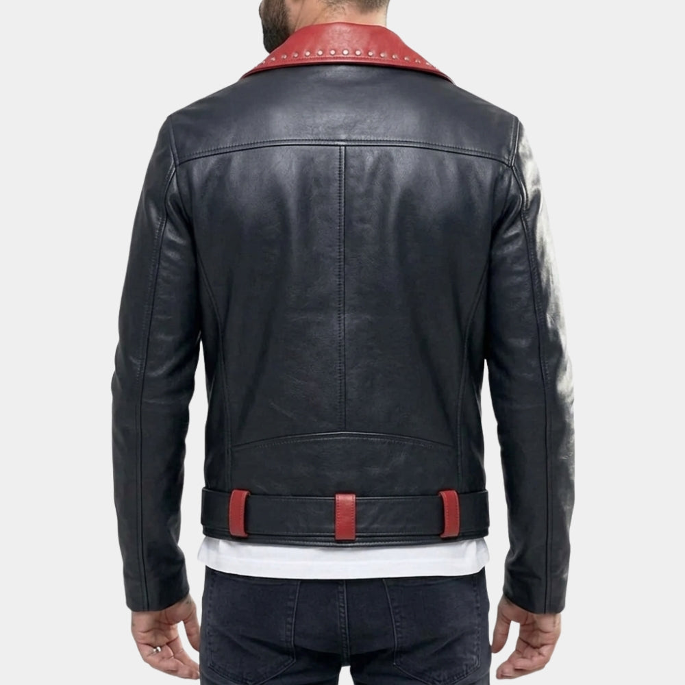 Red Studded Lapels Biker Jacket