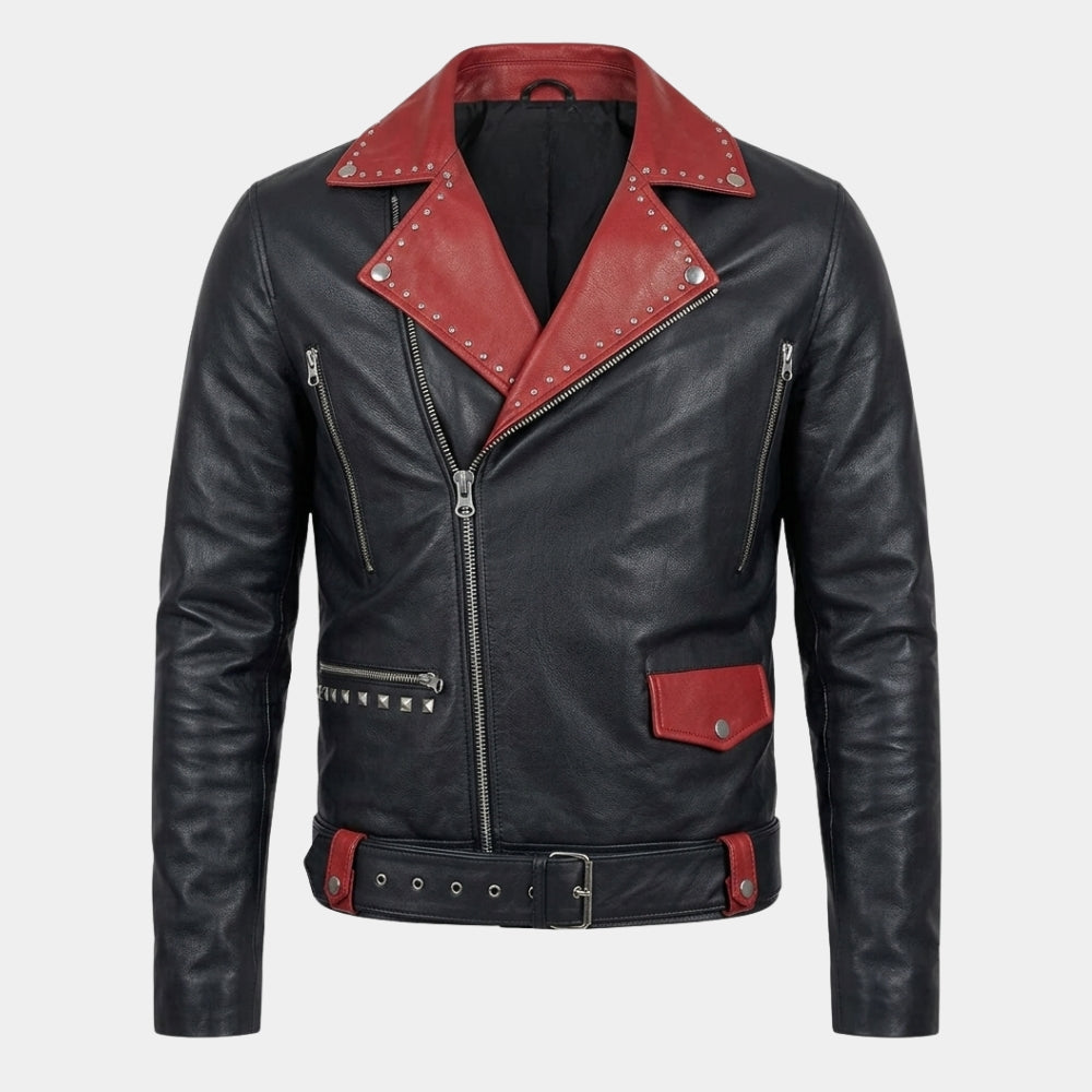 Red Studded Lapels Biker Jacket
