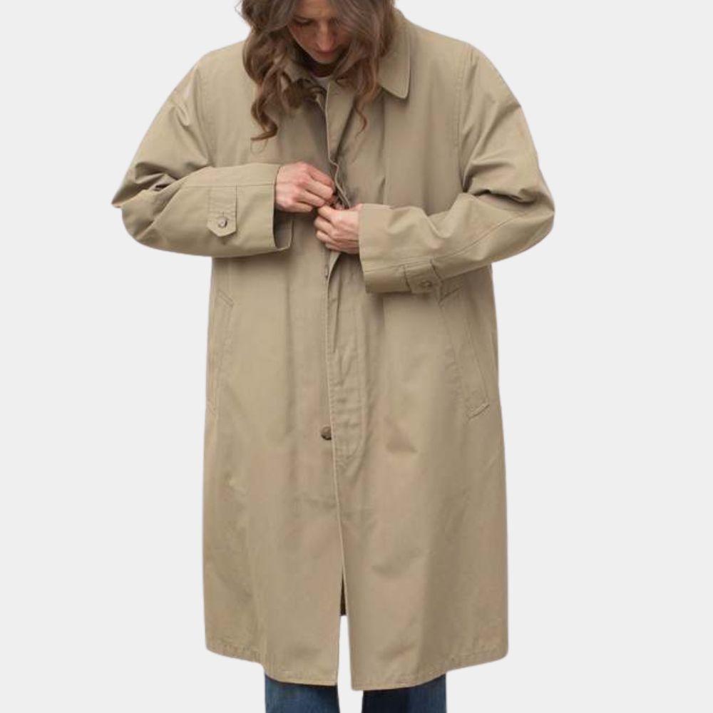 Relay  Lily James (Sarah) Short Trench Coat in Beige Color - Character Front View