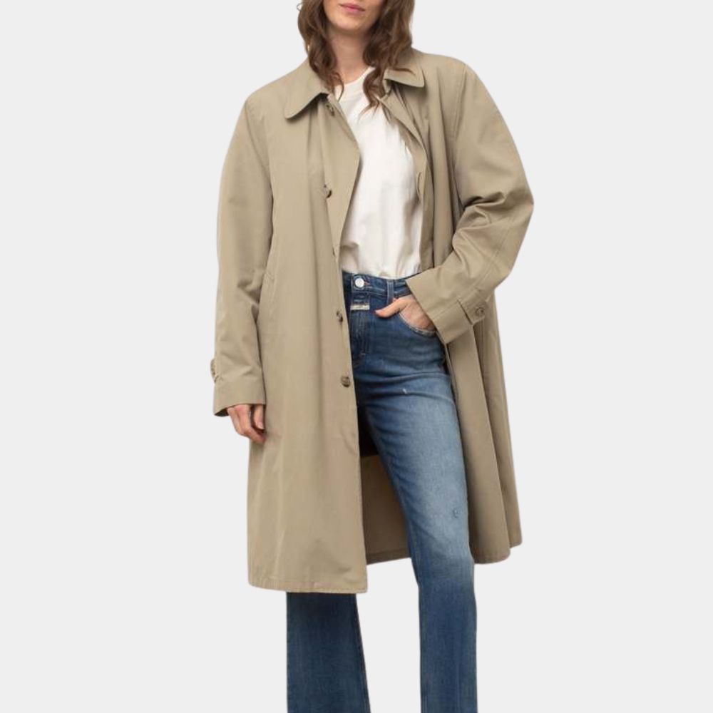 Relay  Lily James (Sarah) Short Trench Coat in Beige Color - Character Posture Front View