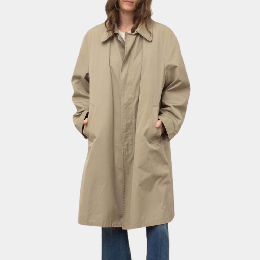 Relay  Lily James (Sarah) Short Trench Coat in Beige Color - Posture Front View