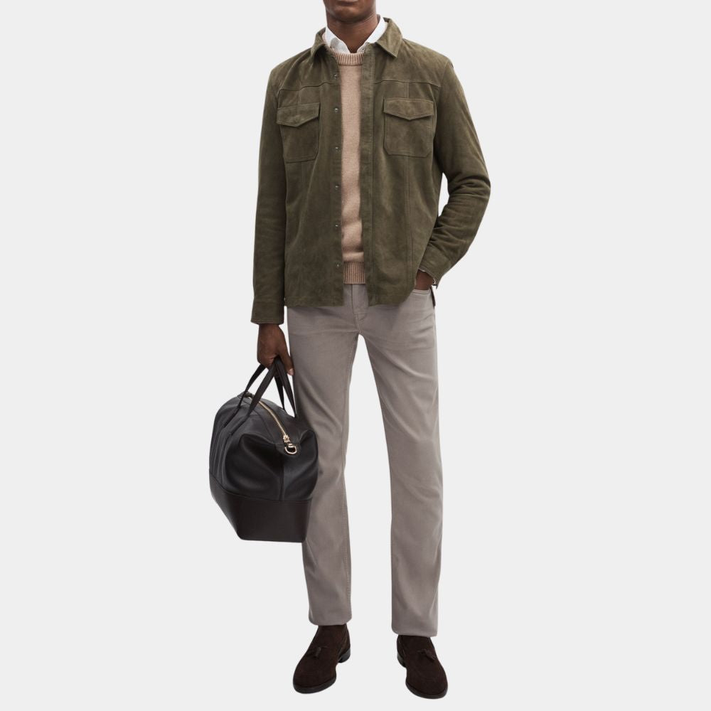Relay Sam Worthington Suede Leather Jacket in Olive Green Color - Front Close - Up View