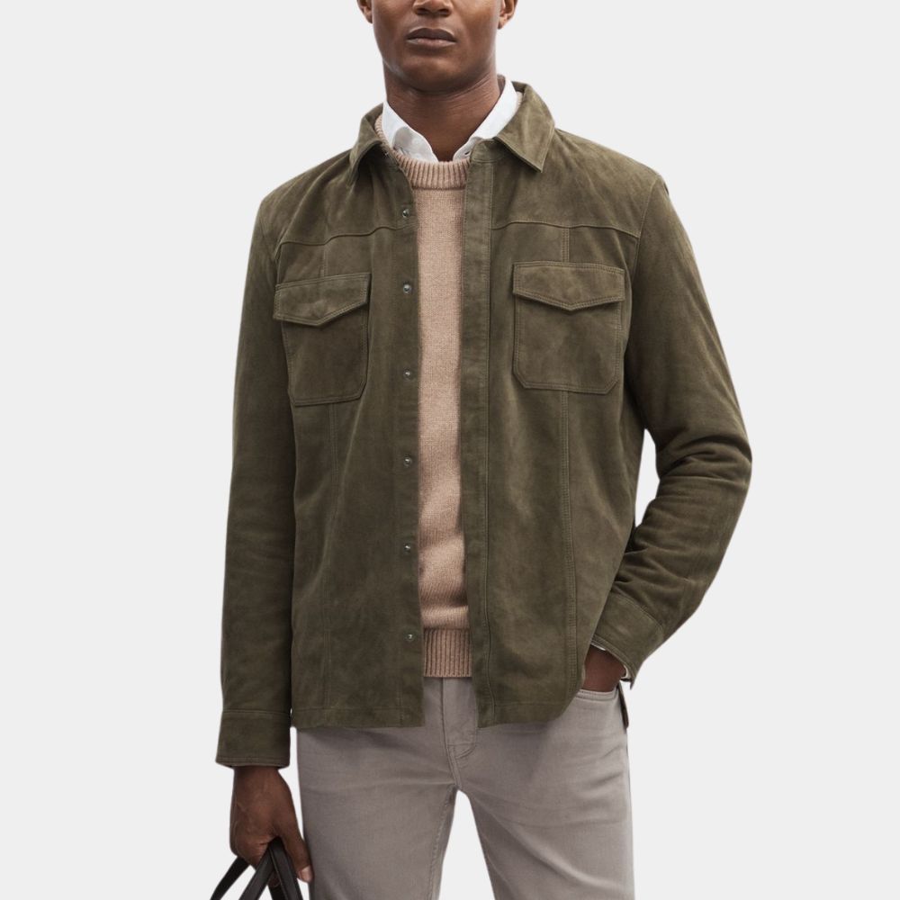 Relay Sam Worthington Suede Leather Jacket in Olive Green Color - Front Posture View