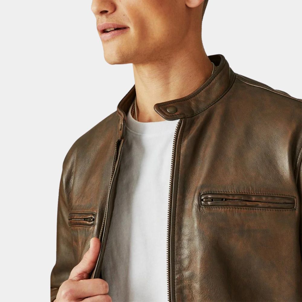 Rescue Me Tommy Gavin Brown Waxed Leather Jacket - Front Close-Up Vew
